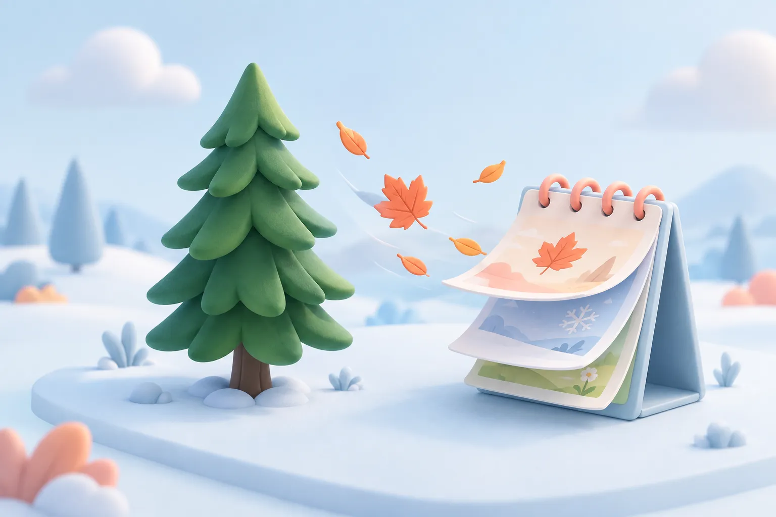 Un albero sempreverde accanto a un calendario e a foglie che cambiano, metafora dei contenuti duraturi e delle novità