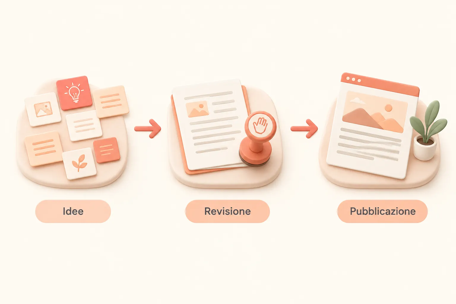 Schema del flusso editoriale, dall’idea alla pubblicazione con un controllo umano finale
