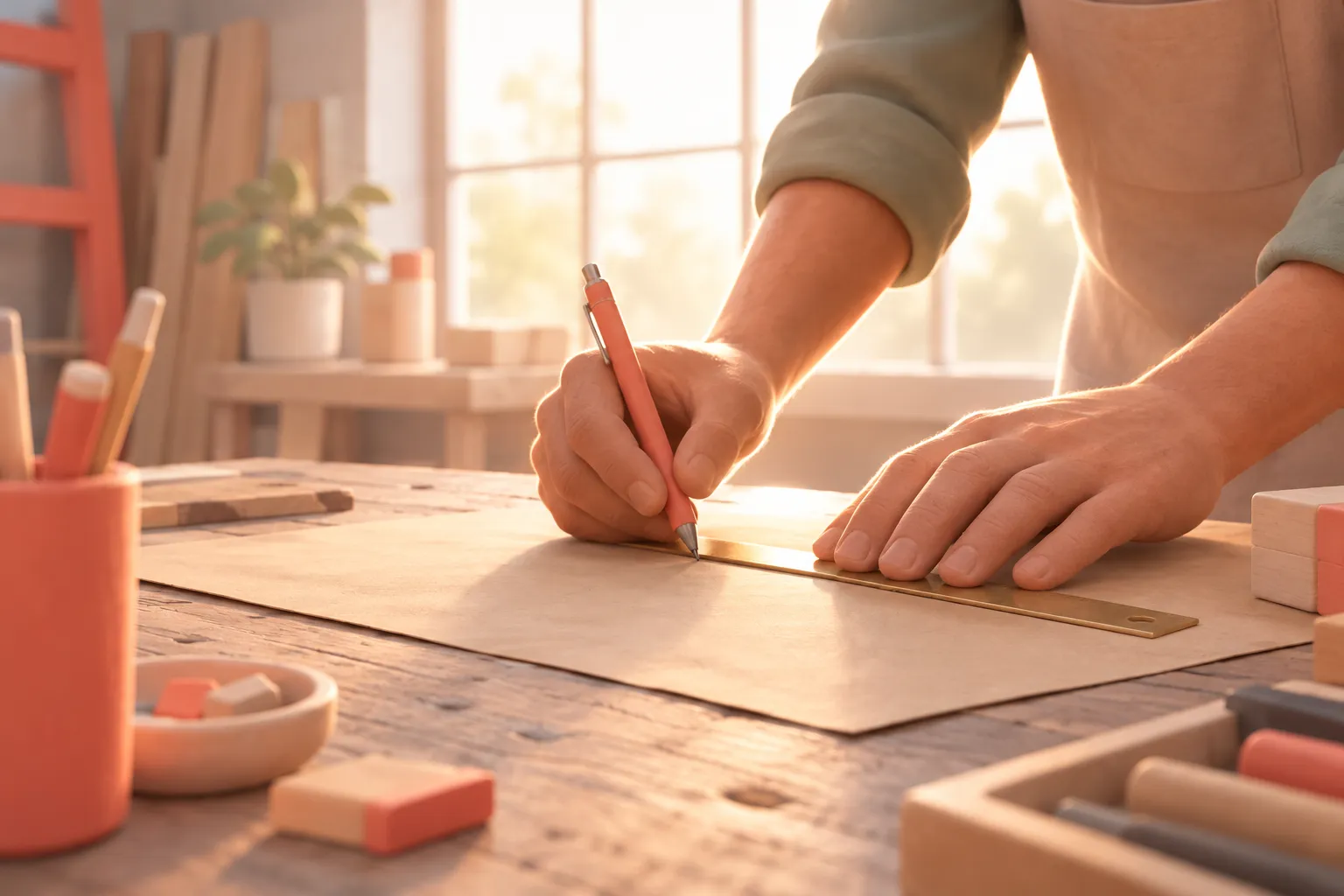 Mani al lavoro con righello e matita su un banco di legno, nel gesto della ricerca di parole chiave correlate