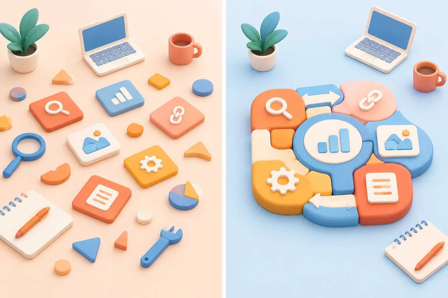 Confronto visivo tra un insieme di funzioni SEO scollegate e un flusso integrato