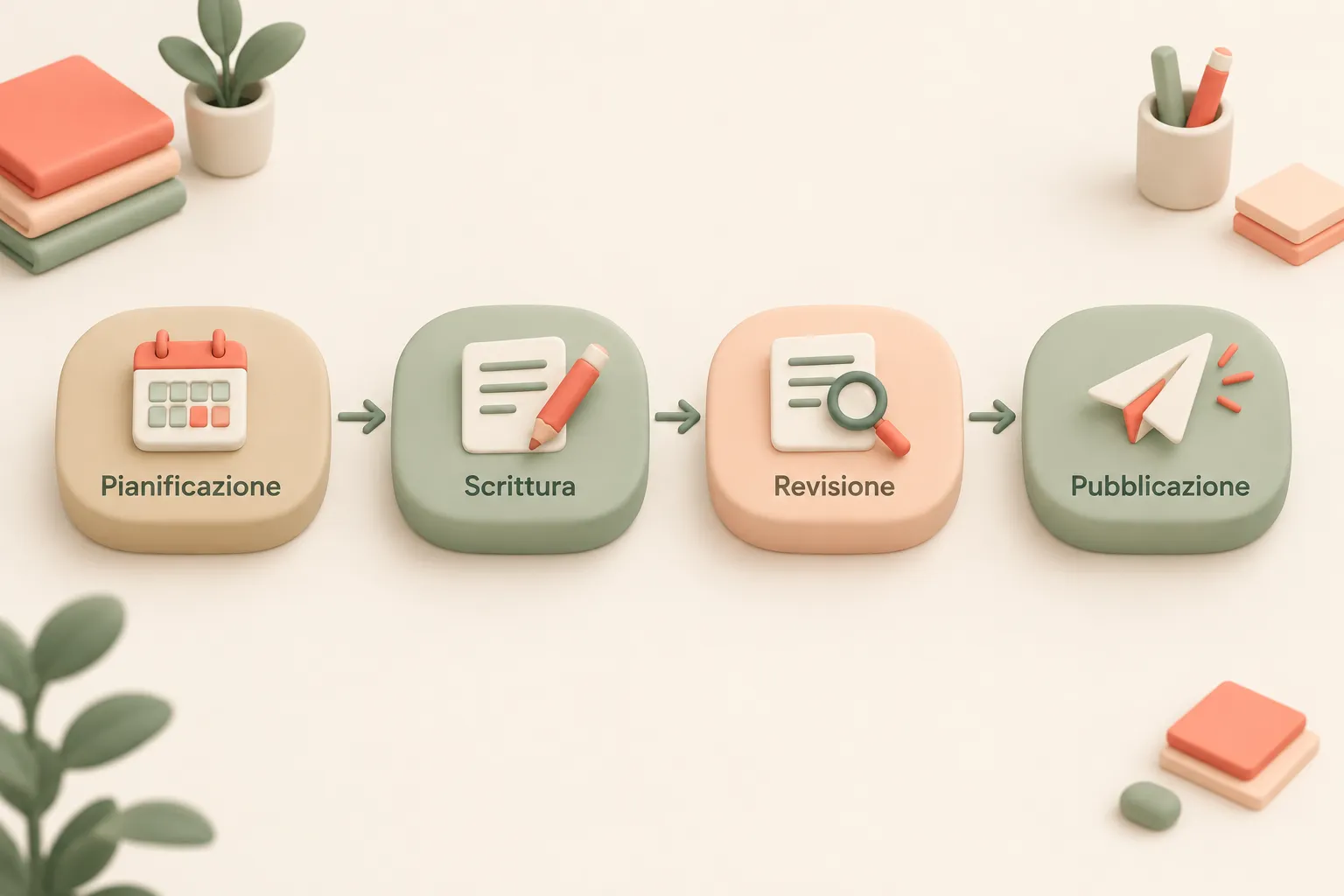 Schema delle quattro fasi di un blog automatico: pianificazione, scrittura, revisione e pubblicazione