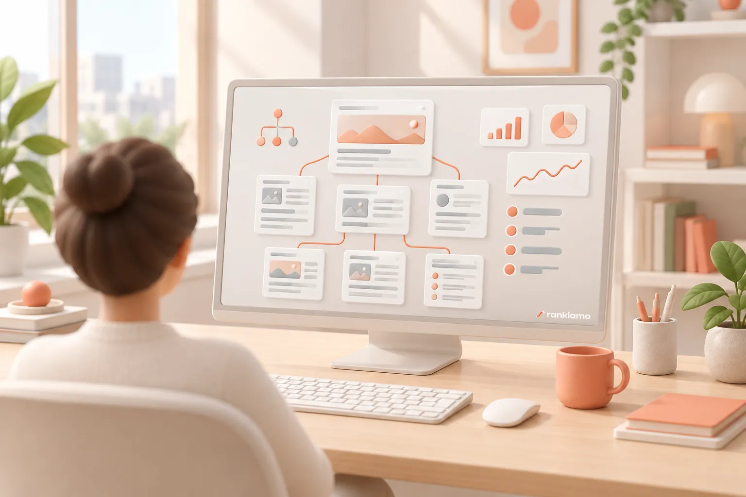 Schermata editoriale con articoli, collegamenti e dati di performance, con il marchio rankiamo in piccolo