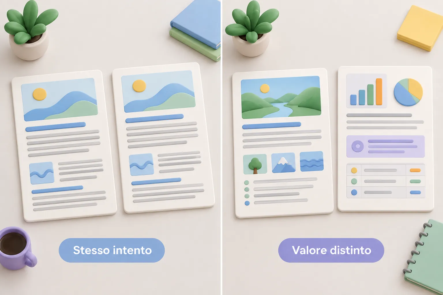 Confronto visivo tra due pagine simili e due pagine con valore distinto