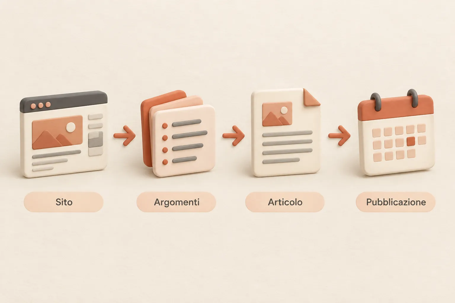 Schema del flusso editoriale: dal sito e dalle parole chiave alla revisione e pubblicazione