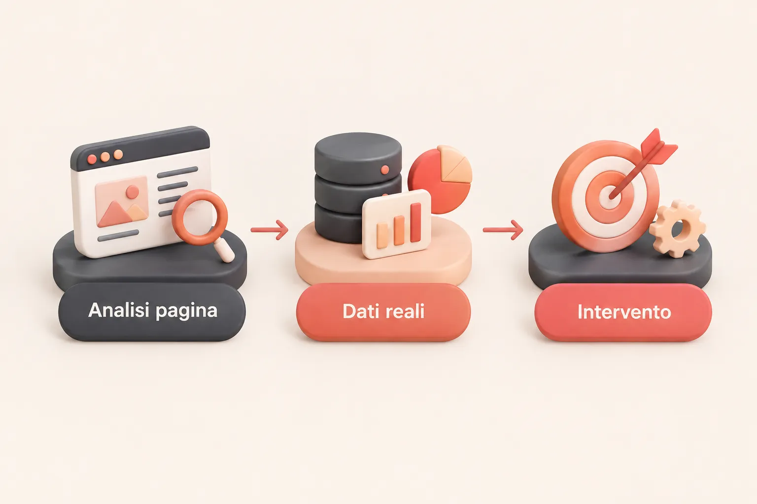 Schema con tre passaggi: analisi della pagina, dati reali e intervento