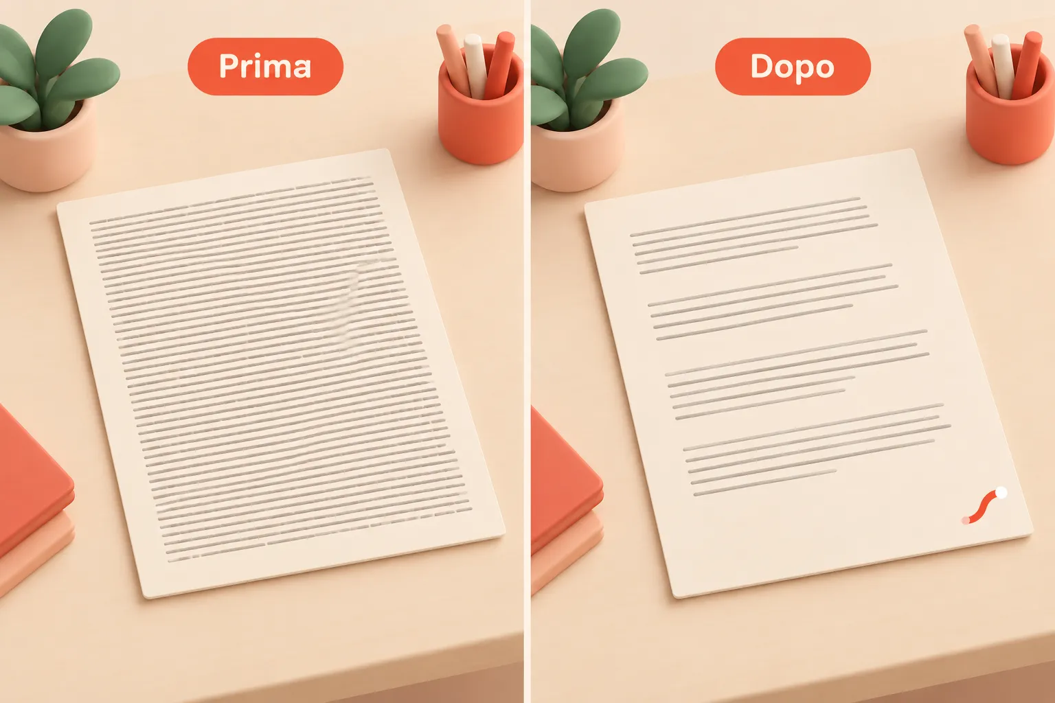 Due fogli affiancati: a sinistra un blocco di testo compatto, a destra paragrafi brevi e ordinati